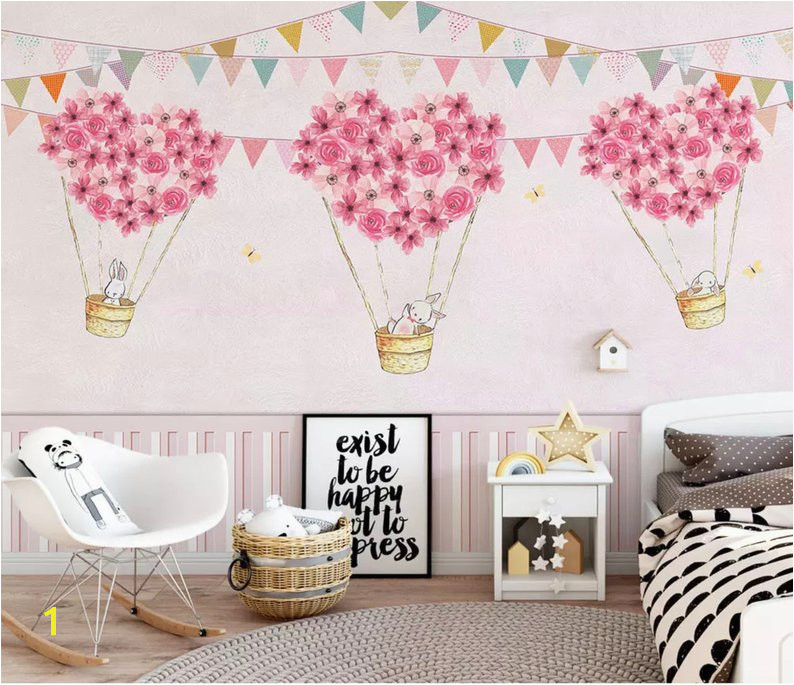 Nursery Wallpaper For Kids Pink Hot Air Balloon Wall Mural Cartoon Rabbit Wall Art Girls Boys Bedroom Baby
