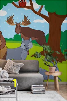 Woodland Friends in Forest wall mural from happywall illustration moose wallpaper bird