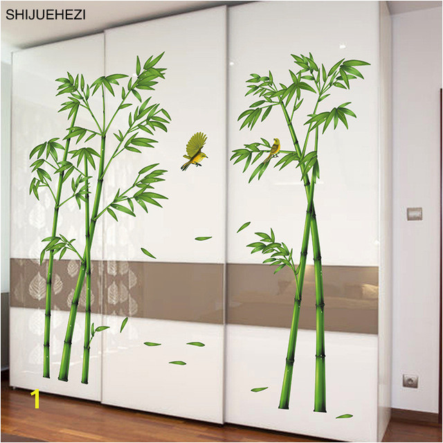 [SHIJUEHEZI] Green Bamboo Plant Birds Pastoral Style Wall Sticker for Study Room Living Room Wardrobe Decoration Mural Decals