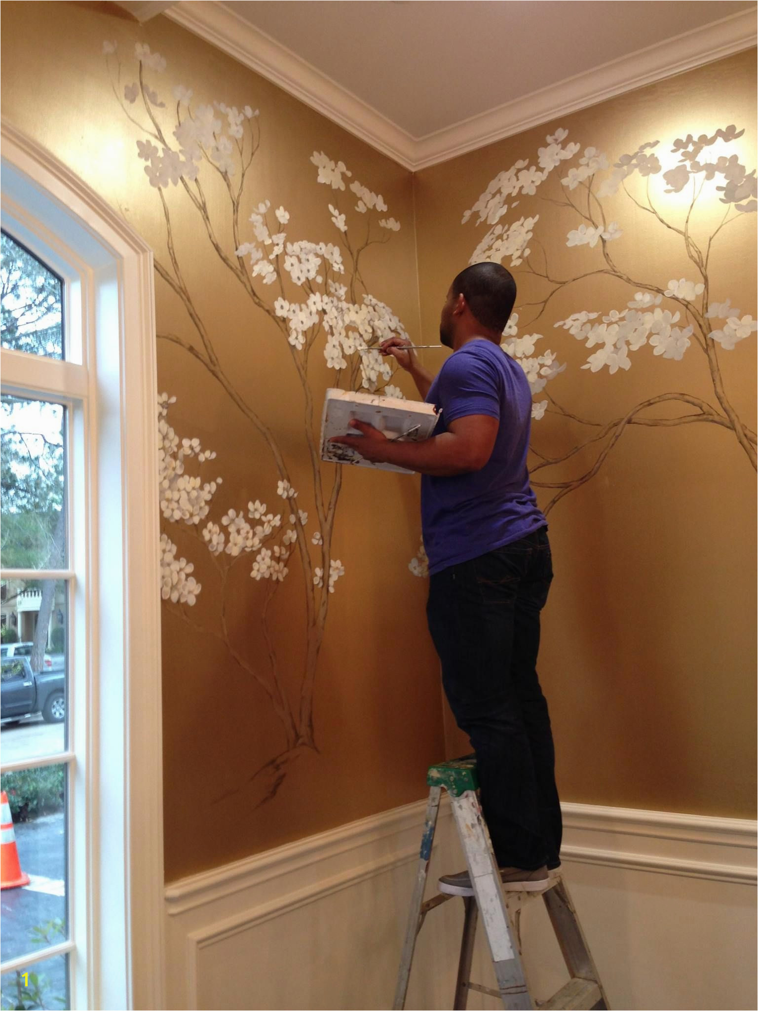 hand painted cherry blossoms on metallic gold wall More