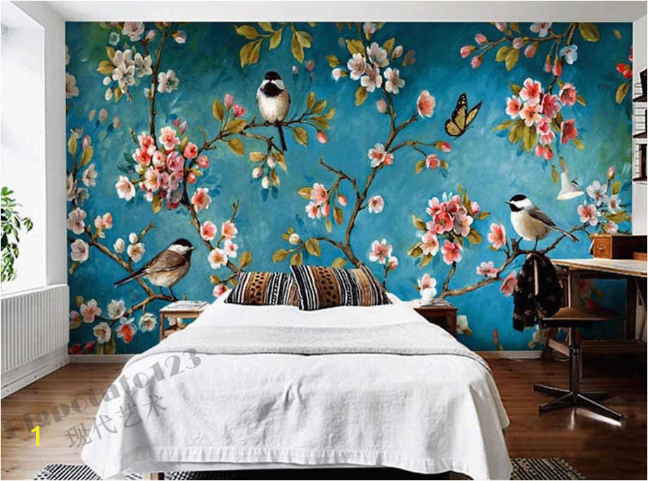 Indoor wall mural wallpaper Plum blossom peach apple blossom tree bird painting of flowers and free shipping
