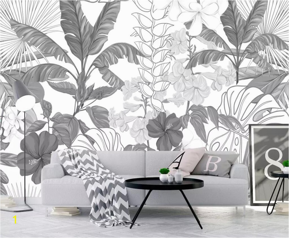 Black and White forest Mural Wallpaper Beibehang Black and White Tropical Rainforest Banana Leaves Garden
