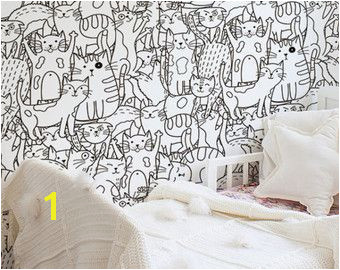 Doodle cats pattern Black and white wallpaper for kids room Funny wall mural Self adhesive Removable Reusable 89