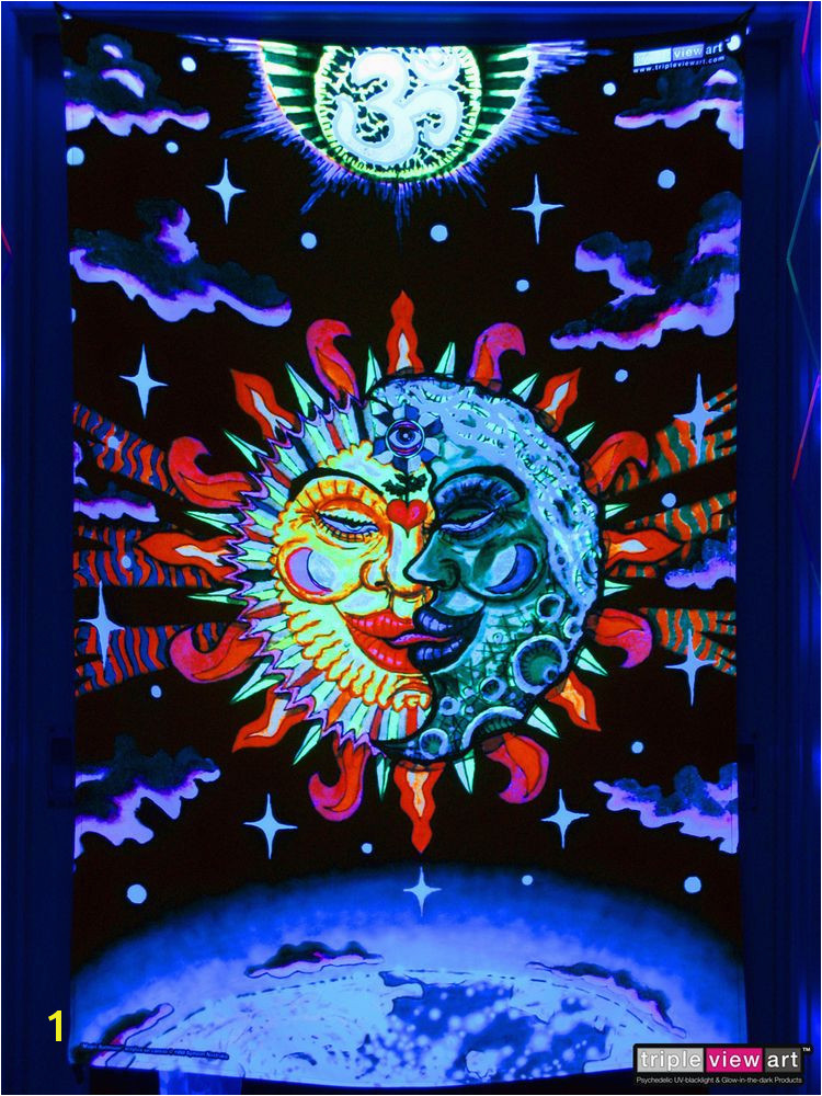 Psychedelic Om Sun Moon UV Tapestry Fluorescent Backdrop Wall Hanging Party Deco TripleviewArt Psychedelic