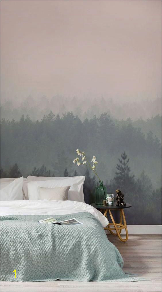 Our Peach and Green Ombre Forest Wall Mural features a lush landscape of trees that create a calm ombre effect in light to dark cream and sea green shades