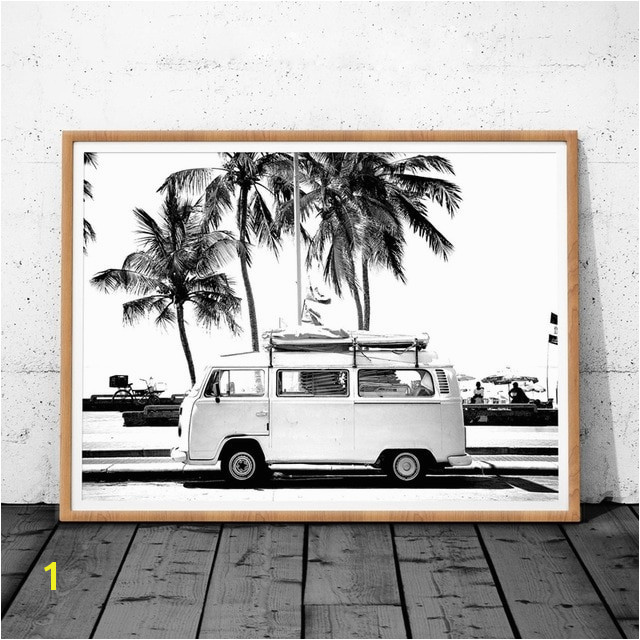 Vintage Coastal graphy Print Retro Bus Van Camper And Black Palm Tree Canvas Painting Wall Picture Coastal Art Decor