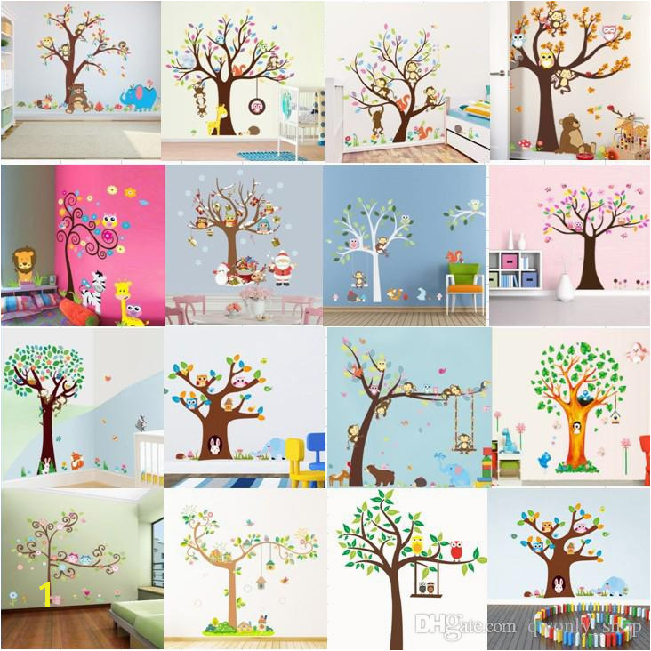 15 Styles Cartoon Forest Animals Owl Monkey Bear Elephant Tree Wall Stickers For Kids Rooms Boys Children Bedroom Wall Decals Home Décor Stickers For Wall