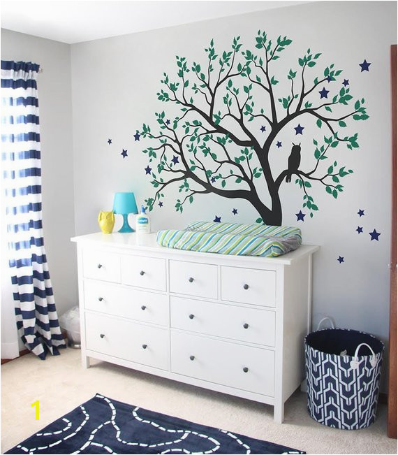 Tree Wall Decals Baby Nursery Tree Wall Sticker with Owl and Stars and Tree wall mural art L