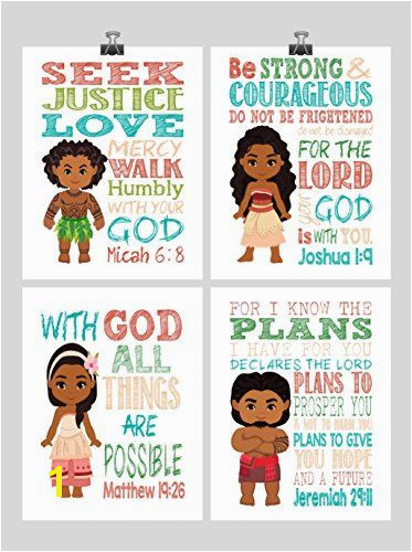 Moana Christian Nursery Decor Wall Art Set of 4 Prints Moana Tui Maui and Sina Bible Verse Multiple Sizes