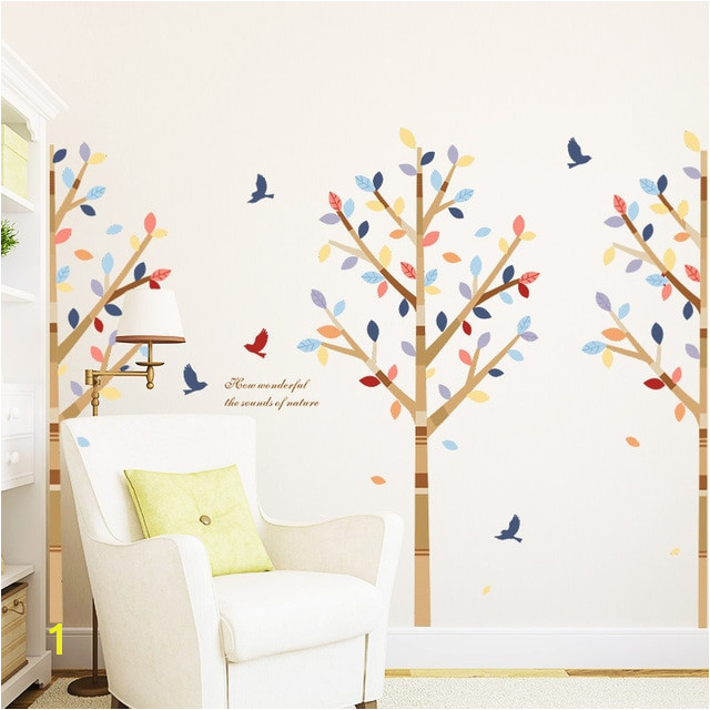 colorful tree flying birds wall stickers living room decor vinyl wall decals removable mural art wallpaper modern poster