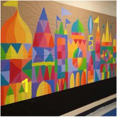 Cityscape Collaboration mural paper shapes on wood lots of ideas here