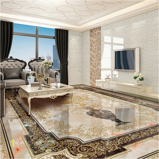 Custom Self adhesive Floor Mural Classic European Style Vase Marble Floor Tile Wall Paper Sticker Living Room Papel De Parede 3D