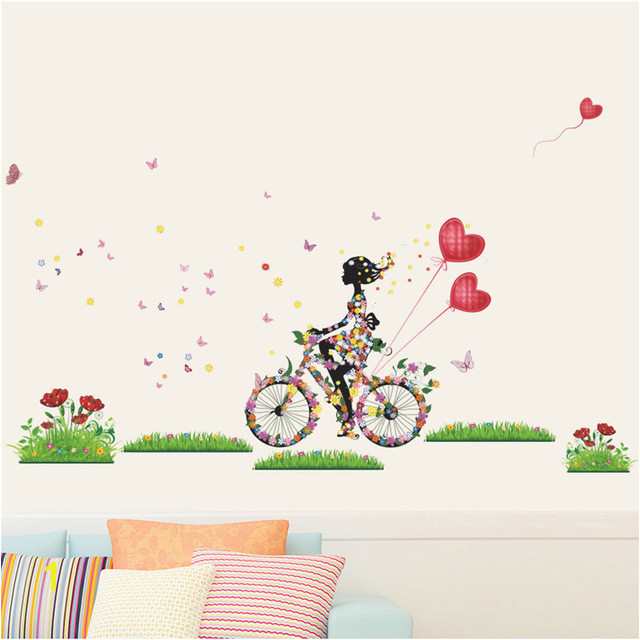 Flower Fairy Wall Stickers For Girls Room Girl Cycling Wall Decals Butterfly Flowers Heart balloon Art Home Decor DIY Mural