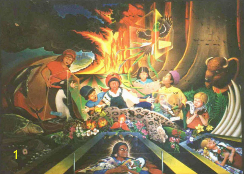 Both murals were painted by artist Leo Tanguma Tanguma who denies any conspiratorial symbolism in the paintings has stated that the murals "depict