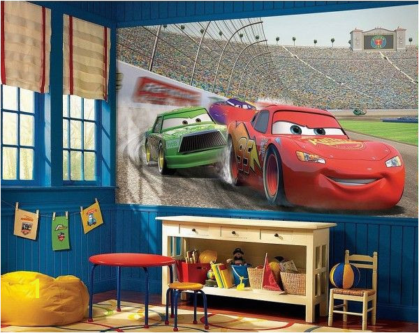 Modern bedroom with Disney Cars themed decor and wall decal