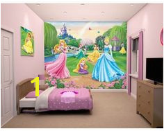 With the Grand castle in the background and all the princesses enjoying themselves in the foreground your little princess with love this wall mural