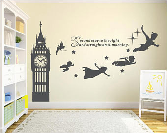 Big Ben Clock Wall Decal Peter Pan Wall Decal Quote Second Star To The Right Vinyl Sticker Nursery Playroom Wall Art