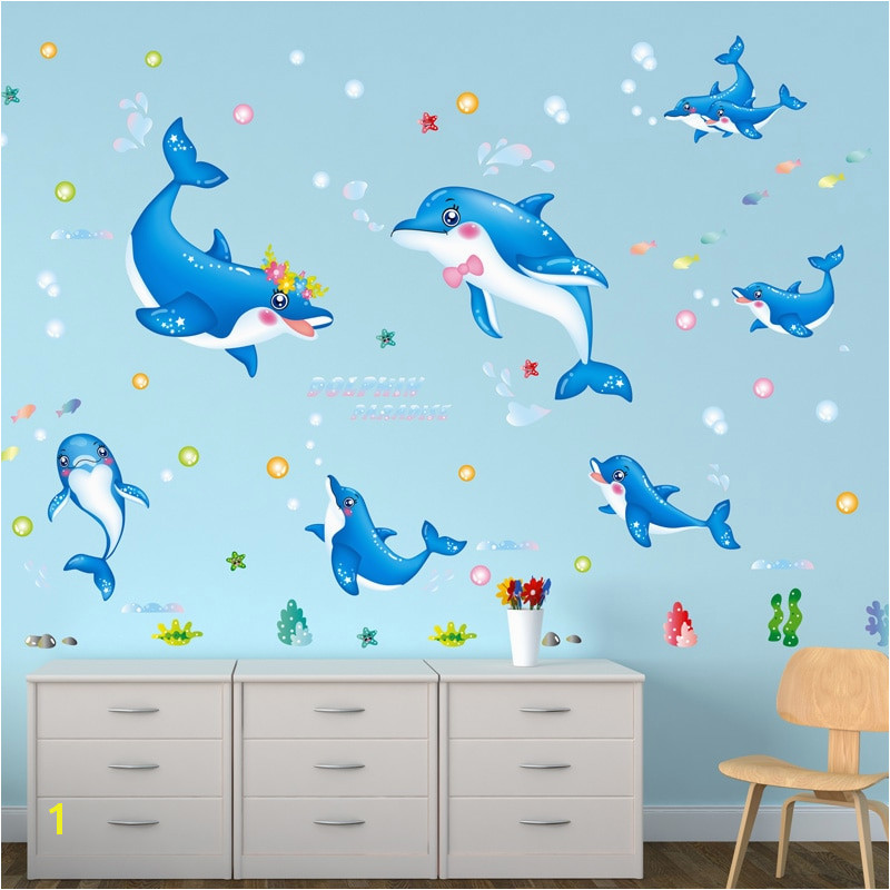 [SHIJUEHEZI] Dolphin Wall Stickers Animals Cartoon Wall Decals for Kids Room Nursery School Decoration Infant Baby Mural Art in Wall Stickers from Home