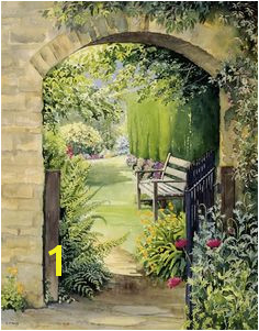 Garden Gate and Bench watercolour by Dorothy Pavey a British artist specializing in watercolours of gardens country waysides and woodlands