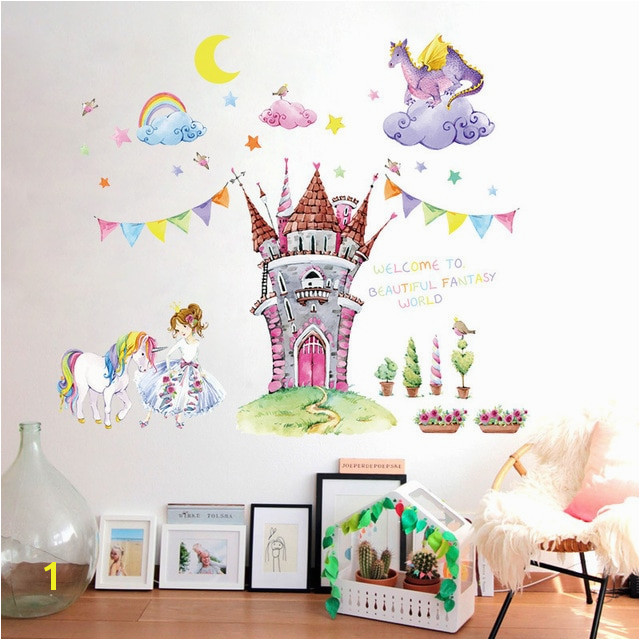 Fairy tale world castle cartoon wall stickers beautiful princess unicorn dragon clouds kids room decor girl bedroom wall decals