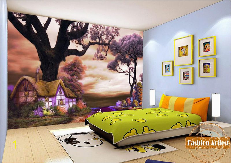 Custom kids children fairy tale wallpaper mural magic cottage in fantasy dream color forest tv sofa