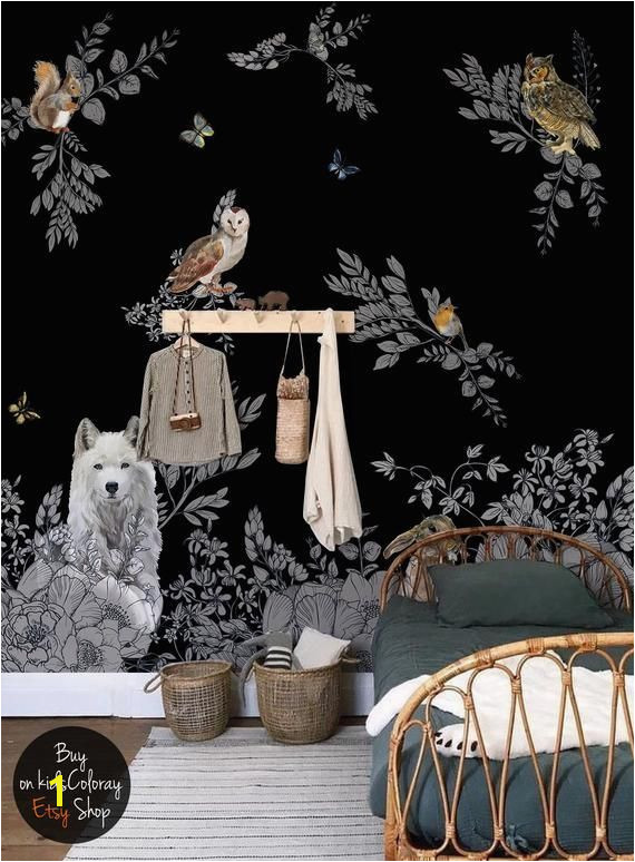 Dark Enchanted Forest wall mural Vintage wild animals wallpaper Peel and stick Fairytale Dark Nursery Black baby room wallpaper 143