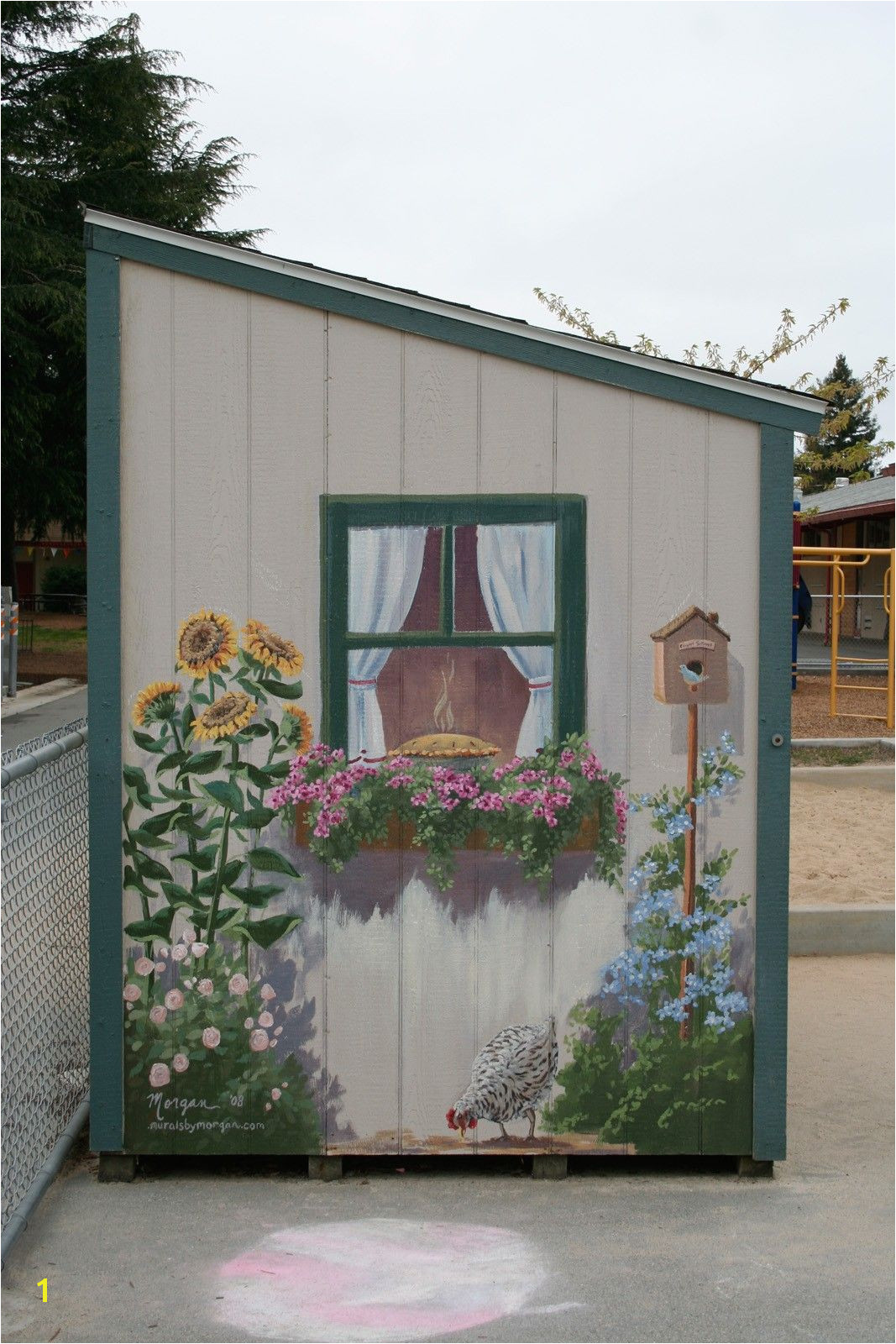 I painted this mural in the kindergarten yard of Santa Rita Elementary School in Los Altos CA I painted the shed to be sweet and whimsical to set a happy