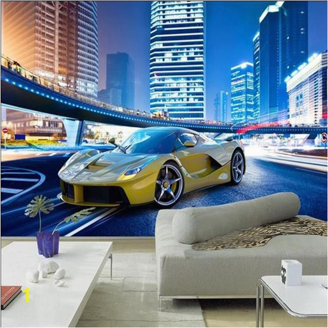 Cool Yellow Sports Car City Night Landscape 3D Wall Mural Wallpaper Modern Personality Restaurant Clubs KTV Bar Interior Decor in Wallpapers from Home