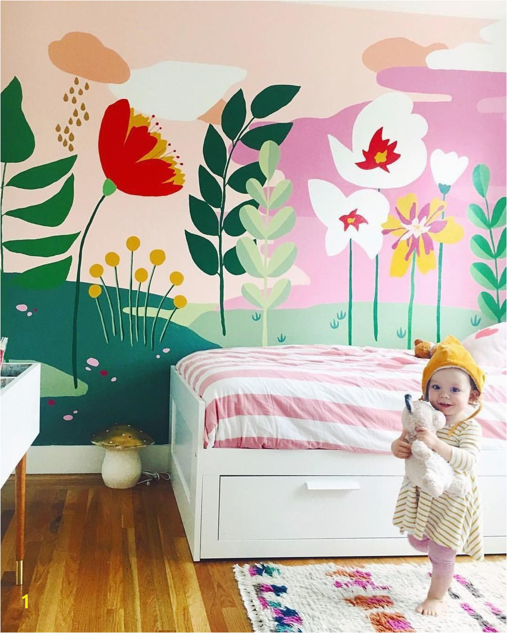 Amazing floral mural and super cute kiddo