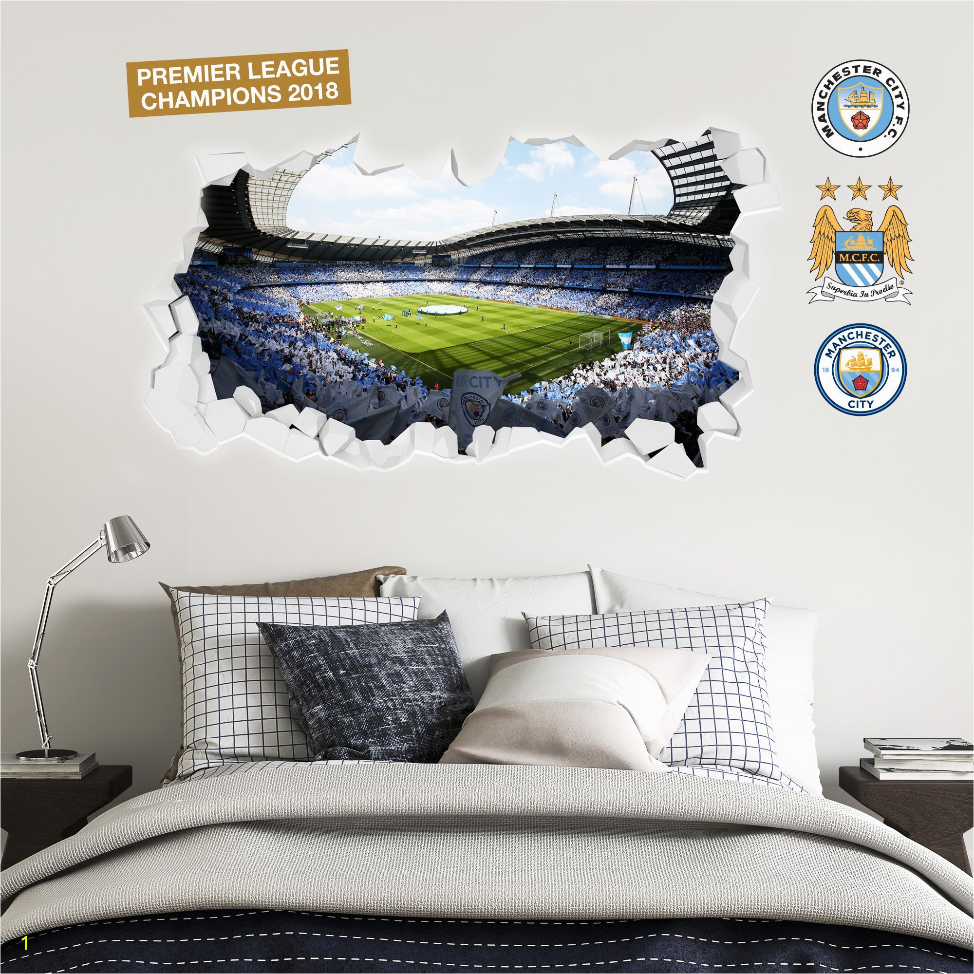 Champions Etihad Smashed Wall Stadium Corner Shot Mural Manchester City FC Wall Mural & MCFC