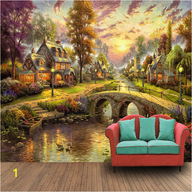 European Style Village Forest House Night Scene Pil Painting TV Wall 3D Wall Murals Wallpaper Living Room Papel De Parede