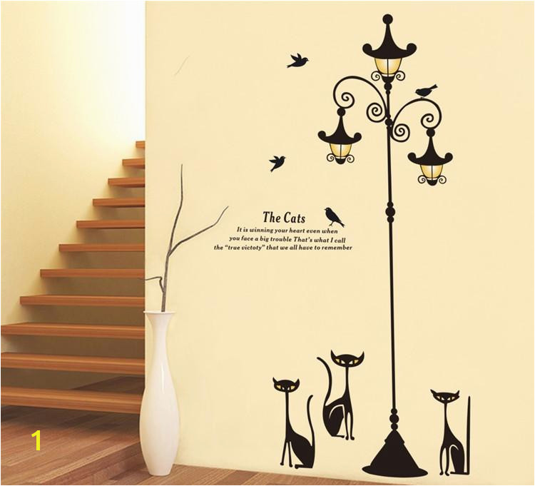 Home Decor Mural Art Wall Paper Stickers New Design Adhesive Home Decoration 3 Little Cat Under Street Lamp