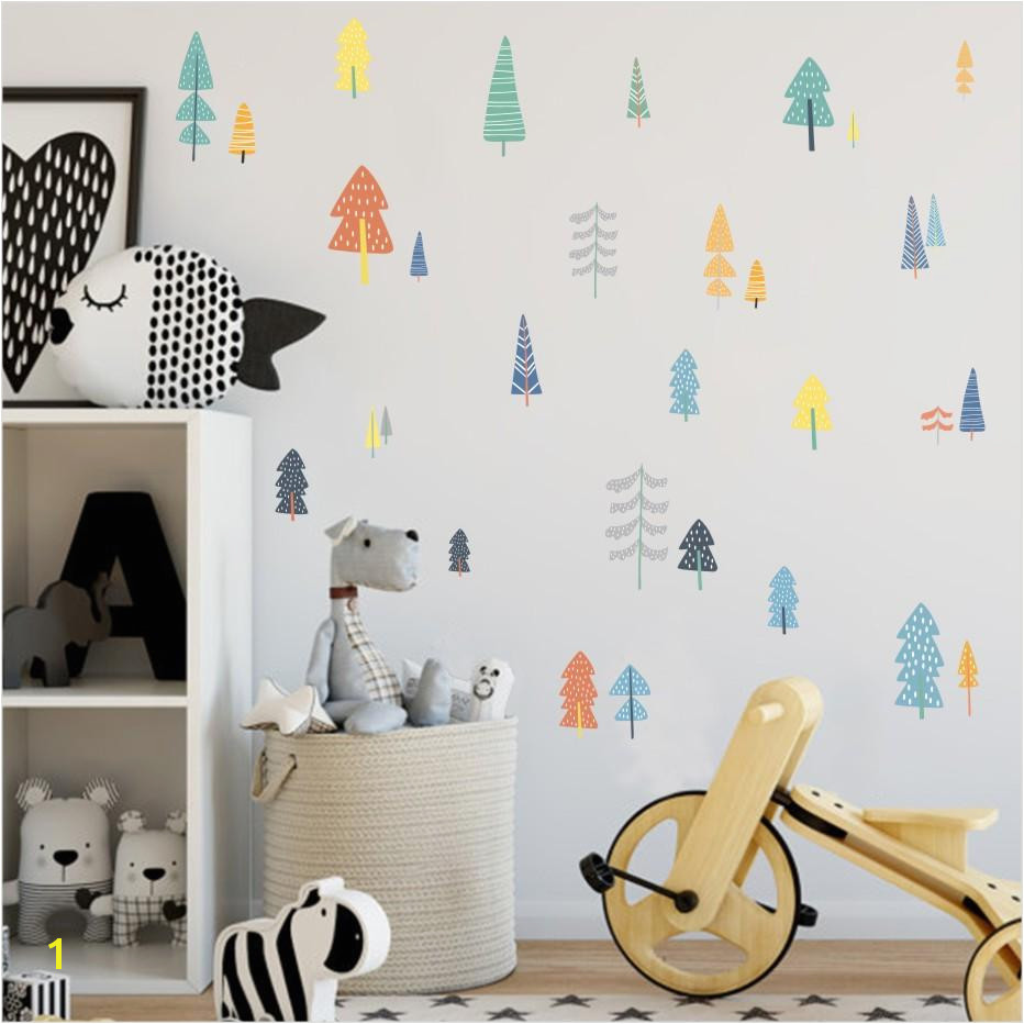 Nordic Style Forest Tree Color Wall Decals Woodland Tree Vinyl Art Wall Stickers For Kids Room Decoration Modern Decor Big Wall Decals Big Wall Stickers