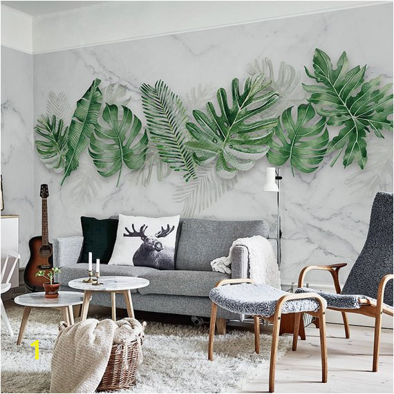 Interior Wall Mural Painting Watercolor Hand Painted Fresh Tropical Leaves Wallpaper Wall Mural