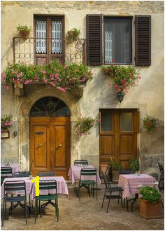 Italian Cafe Wall Art Pienza Print Tuscany graphy Italy Rustic Flowers Plants Table Chair Travel graphy Print Wall Art