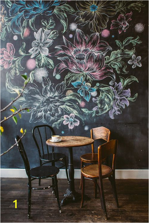 chalk flower wall at a cafe
