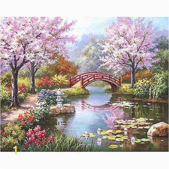 Japanese Garden DIY Paint by Number Kit Framed Unframed Canvas Paint Brush Wall Decor 40x50cm