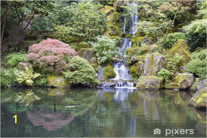 Japanese Garden Koi Pond with Waterfall Vinyl Wall Mural Themes