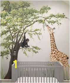 Elmhurst artist Debbie Cerone painted an adorable Safari Themed mural in nursery in Chicago home The room and furniture are done in soft gray