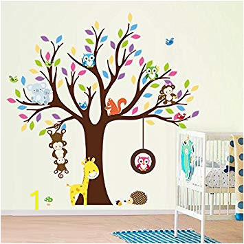 ElecMotive Cartoon Forest Animal Monkey Owls Fox Rabbits Hedgehog Tree Swing Nursery Wall Stickers Wall Murals