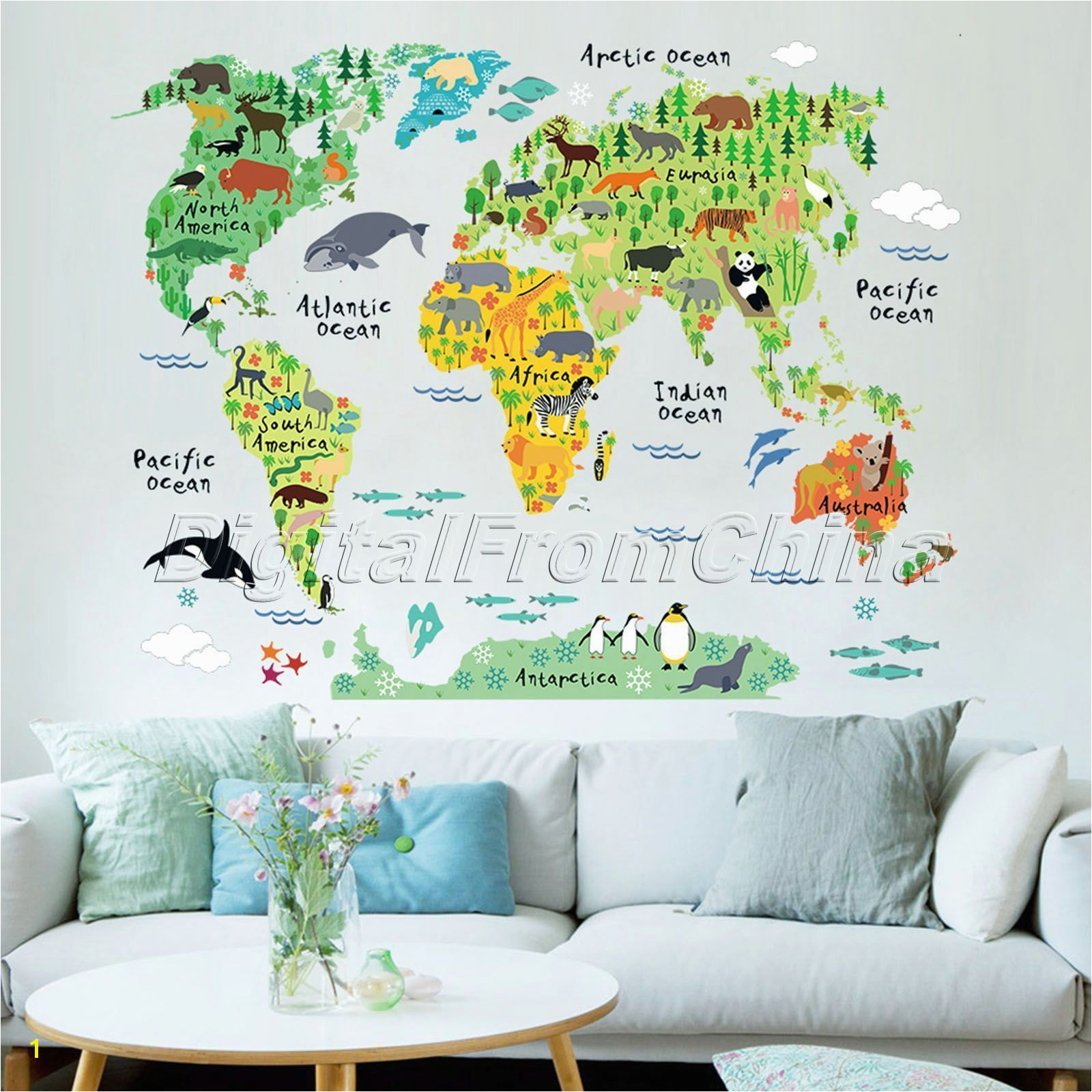 Colorful Animal World Map Wall Sticker Vinyl Decal Nursery Kids Room Home Decor