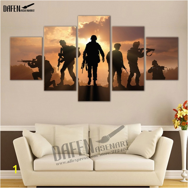 Military Sol rs Silhouettes 5 Piece Canvas Print Wall Art Painting for Living Room Framed Ready to Hang