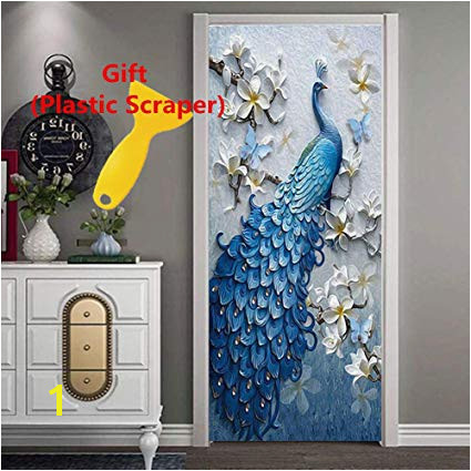 3D Door Wallpaper Wall Mural Peacock Decor Door Decal Stickers with Plastic Scraper as Gift Removable