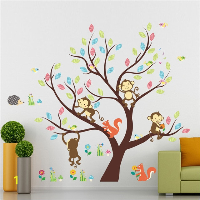 Cute Cartoon Monkey Squirrel Animals Colorful Tree Wall Stickers Living Room Nursery Room Decorations Pvc Mural Decals Kids Gift