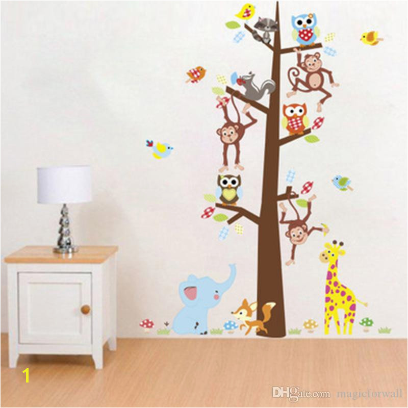 Cartoon Animals Monkey Giraffe Owls Squirrel Tree Wall Stickers Kids Room Nursery Decor Wall Mural