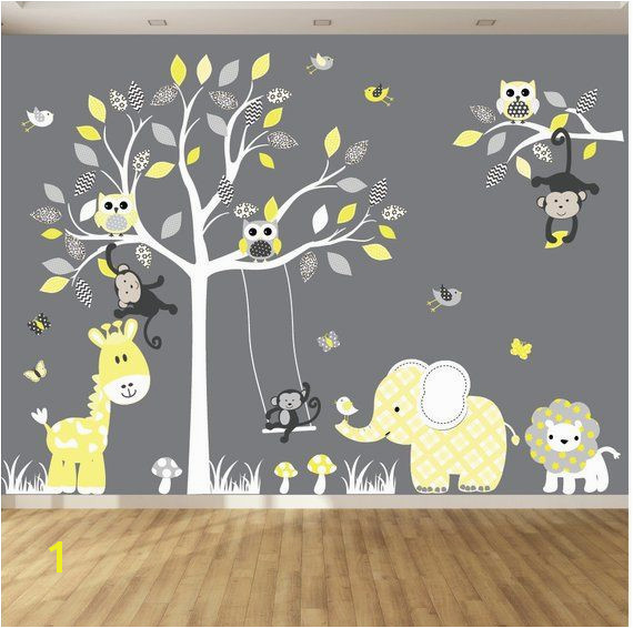 Jungle wall decal tree giraffe elephant monkey nursery wall decal sticker vinyl tree jungle decals