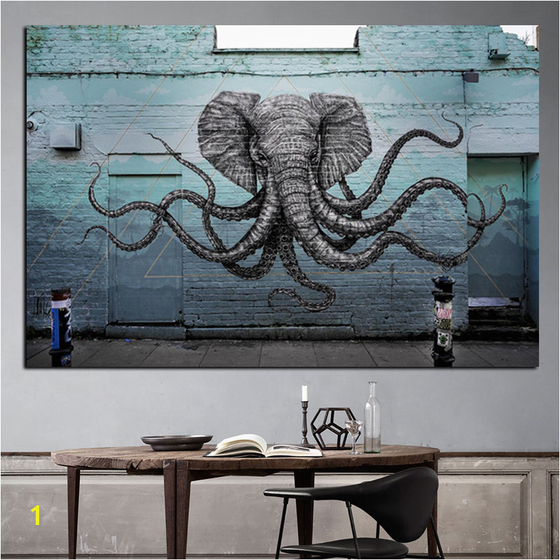 Mural of a Hybrid Elephant Octopus Creature Painting Print on Canvas Pop Art Animal Wall Picture