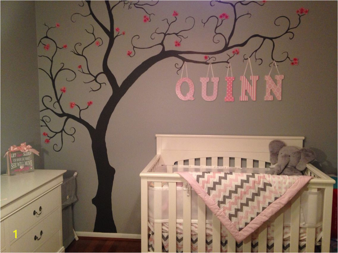 Baby girl nursery Grey pink and white Tree art Wall mural Quinn Babygirl Nursery Pinterest