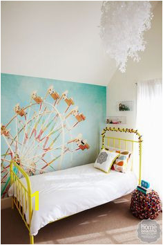 Taya s bedroom features a whimsical wall mural by Zee Longenecker available from Murals Your Way The Incy Interiors bed adds a pop of sunshine