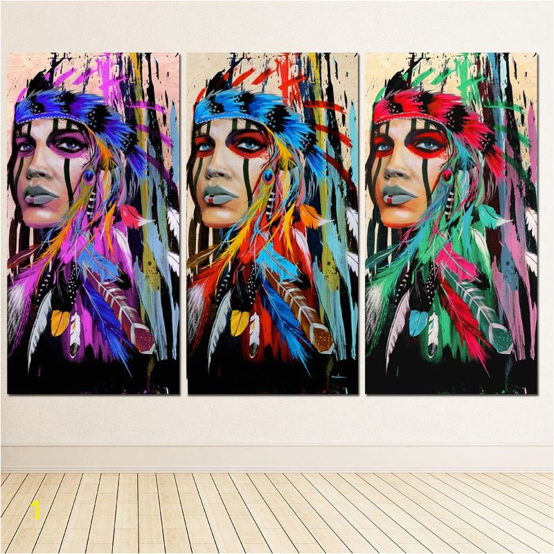 Modern Native American Indian Girl Feathered Canvas Painting For Living Room Wall Art Prints Home Decor free shipping Unframed